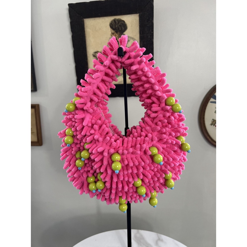 SCULPTURE Pink Chenille Shag Hobo Shoulder Bag Green Beads Y2K Style 91E
